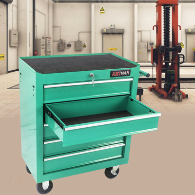 Coffre à outils à 5 tiroirs, armoire de rangement pour outils pour le garage avec 4 roues et système de verrouillage, bleu, buffet