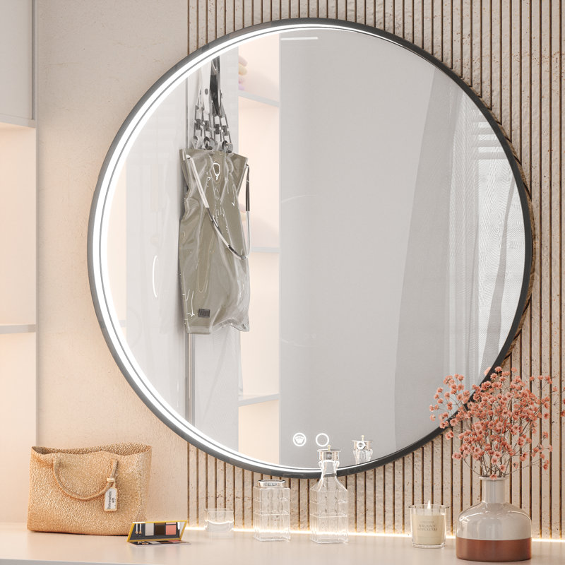 Fantina Round 3 Color Adjustable LED Metal Framed Wall Mirror with Anti-fog, Black, 28" x 28"