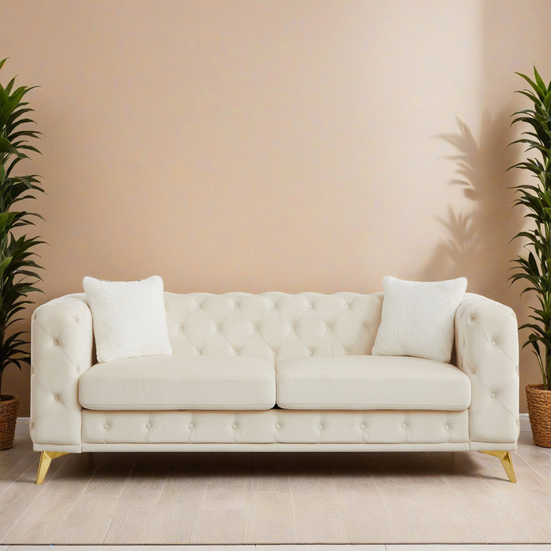 Canapé Chesterfield de style moderne l 82,51 po à 3 places et accoudoirs carrés, Beige