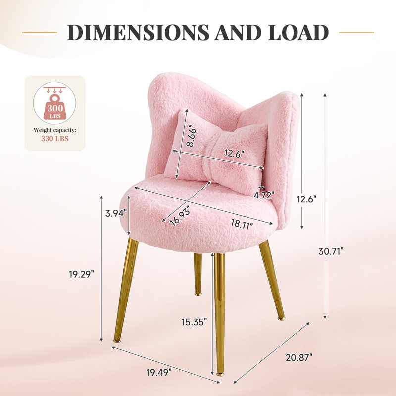 Fauteuil de coiffeuse à oreilles avec oreiller Bow, pieds en métal doré, Pink