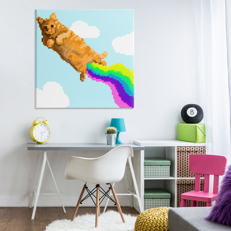 «Flying Rainbow Pixel Cat», art mural sur toile par June Erica Vess, H 36 po x l 36 po