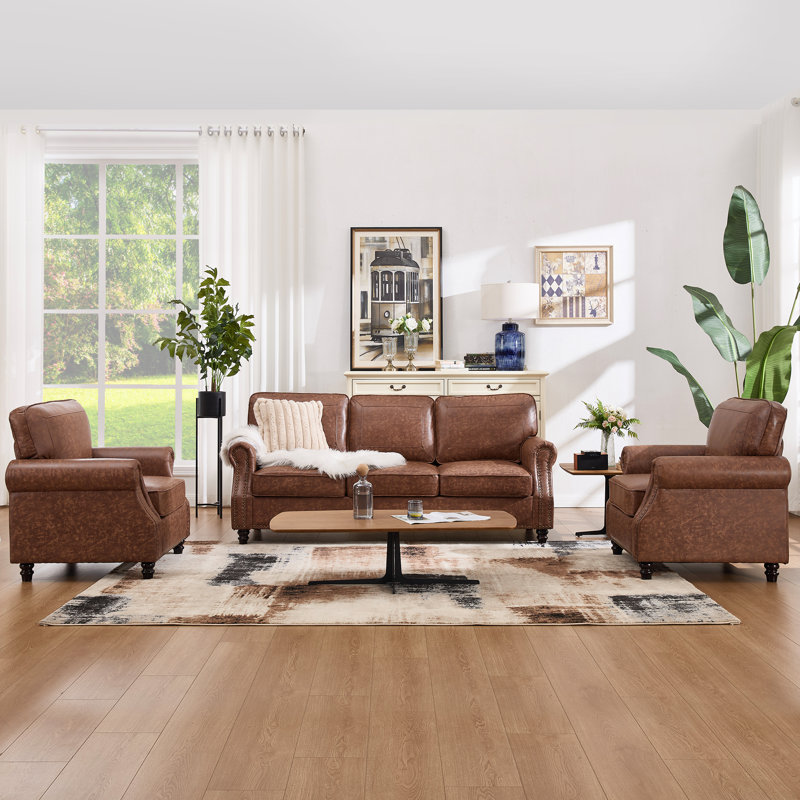 Ensemble de salon en similicuir 3 pièces, Marron foncé
