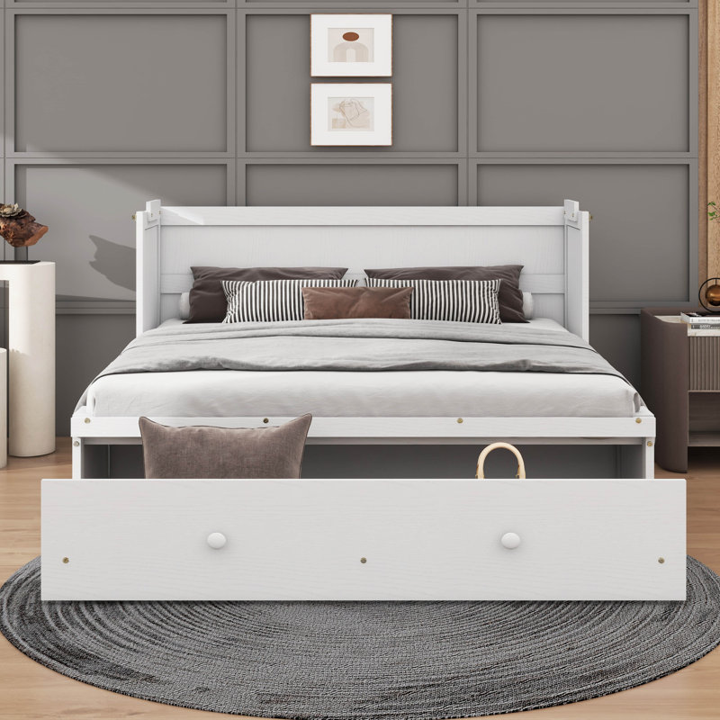Grand lit escamotable avec port USB et tiroir, Blanc, Grand lit