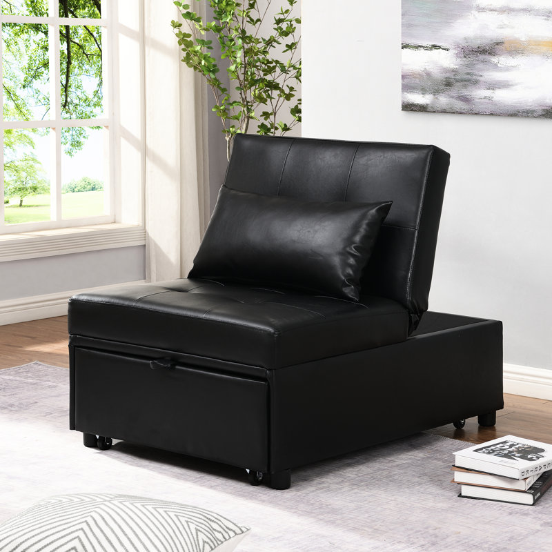Lit pliant noir - multifonctionnel pour tous les décors. Espace utilisateur. Ergonomique, fiable. Fonctionne comme table à thé, fauteuil, lit simple. Cuir. Capacité de poids de 264 lb. P 71,61 po, l 26,04 po