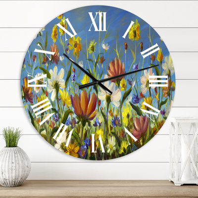 Magnifique champ de fleurs dans la nature sauvage - horloge murale traditionnelle