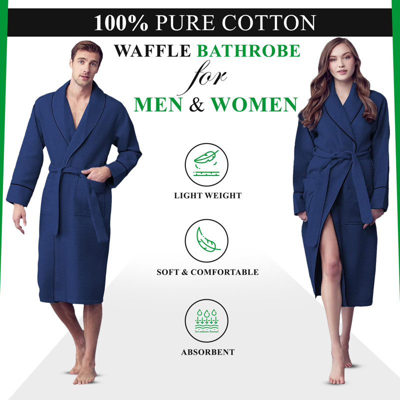 Peignoir mi-mollet en coton gaufré avec poches, TG, Bleu marine