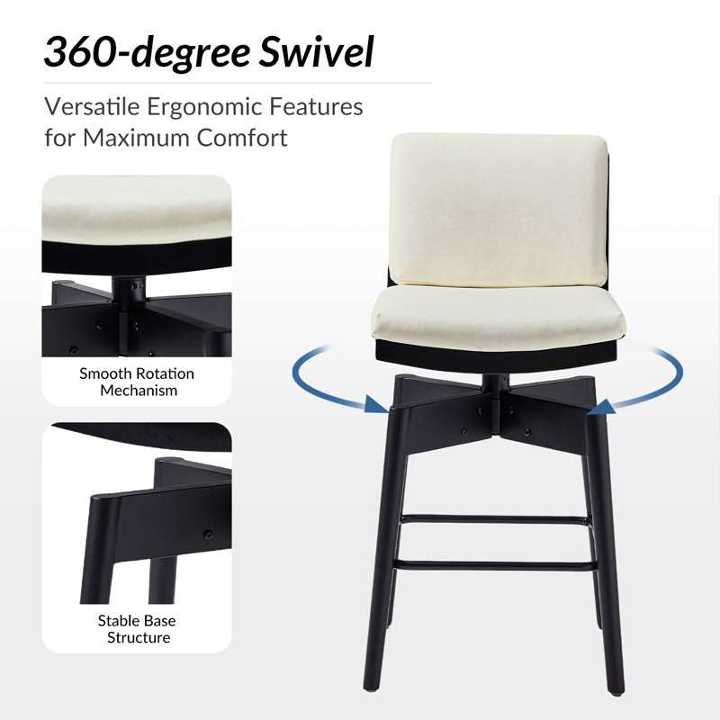 Lafrance Modern Faux Leather Swivel Barstool with Removable Back Cushion and Solid Wood Legs(Set of 2), White