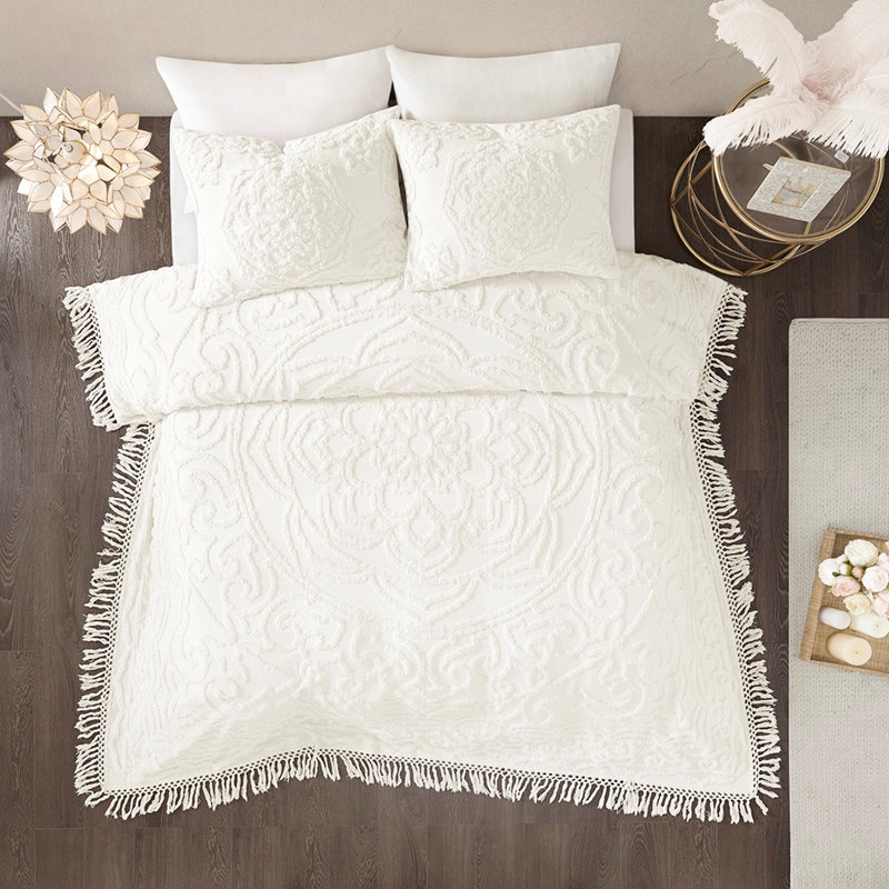 Couvre-lit à médaillon en coton chenille, Housse de couette très grand et 2 taies, Blanc cassé