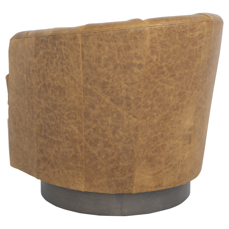 Tipsy Barrel Chair, Brown Genuine Leather, Bright Brass