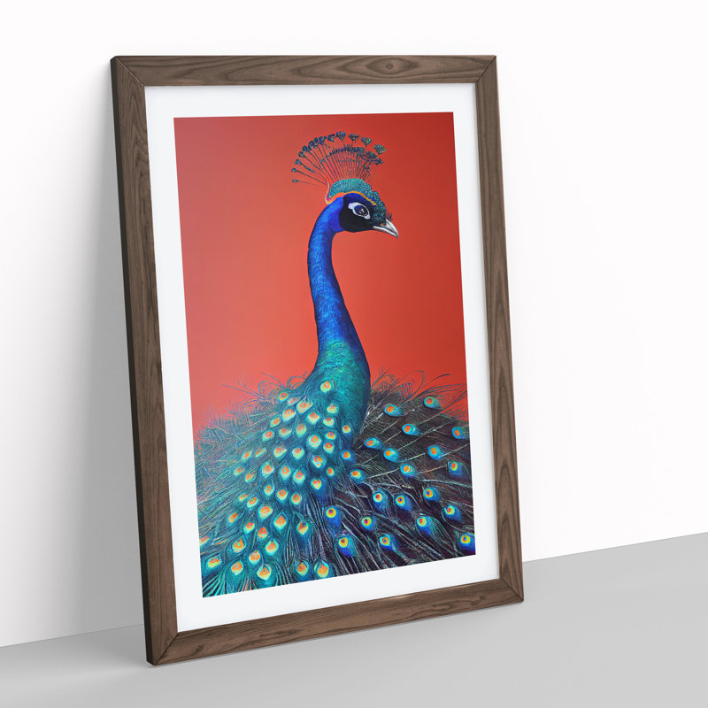 Extraordinary Peacock - Single Picture Frame Print, 46cm H x 34cm W x 2cm D, Walnut