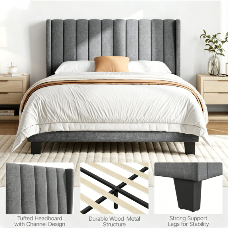 Upholstered Bed Frame with Channel Tufted Headboard, Double (4'6), Light Grey