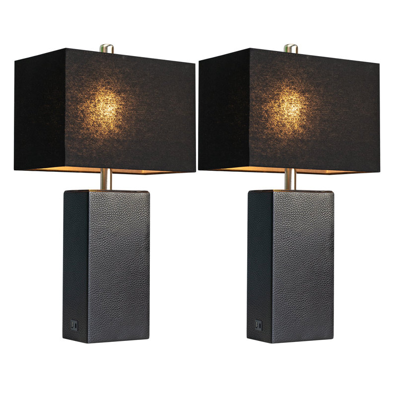 21" Modern Faux Leather Table Lamps with USB-A & USB-C Charging Ports (Set of 2), Black, Black
