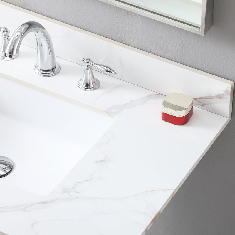 Dessus de meuble-lavabo de 37 po en pierre frittée dorée, lavabo rectangulaire encastré en céramique, 3 trous de robinet et dosseret inclus 37 po avec et