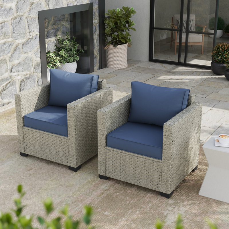 Chaise de patio d'extérieur en osier 31,5 po Azoriah Silloth (ensemble de 2), Brown, Navy