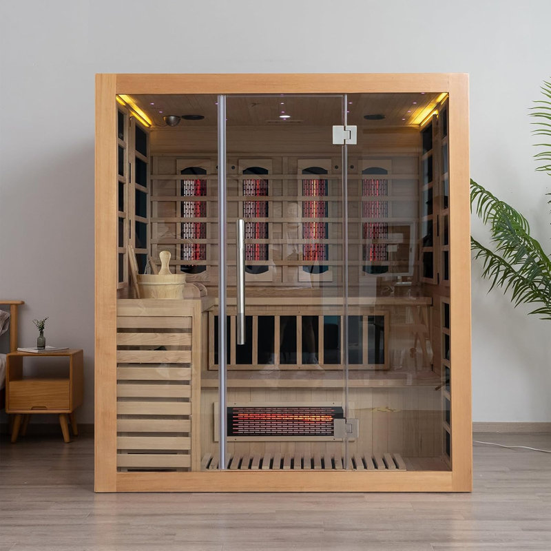 Luxury Dual-System Wood Sauna Room for 4-6 Person, Hybrid Indoor Sauna Spa,Canadian Hemlock, 6KW Heater, 195°F Steam+149°F Far Infrared, 12 Heating Elements, 220V, Oxygen Ionizer, 8mm Tempered-Grass