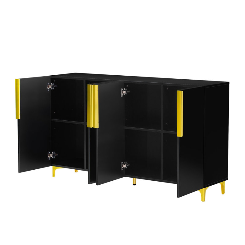 Buffet de 55 po de largeur à finition brillante avec quatre portes, tablettes réglables et pieds dorés, Noir