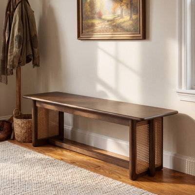 Banc de salle à manger en bois d'hévéa Cavelle avec tissage en rotin PE pour la cuisine, le vestibule et le salon