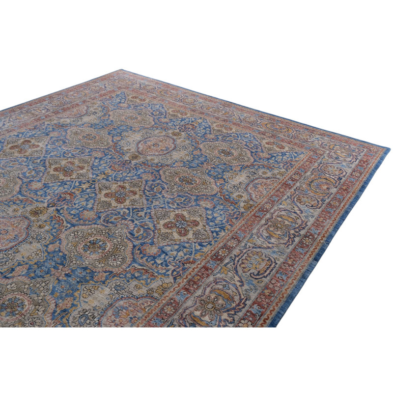 Hand Knotted Wool Area Rug in Blue And Beige