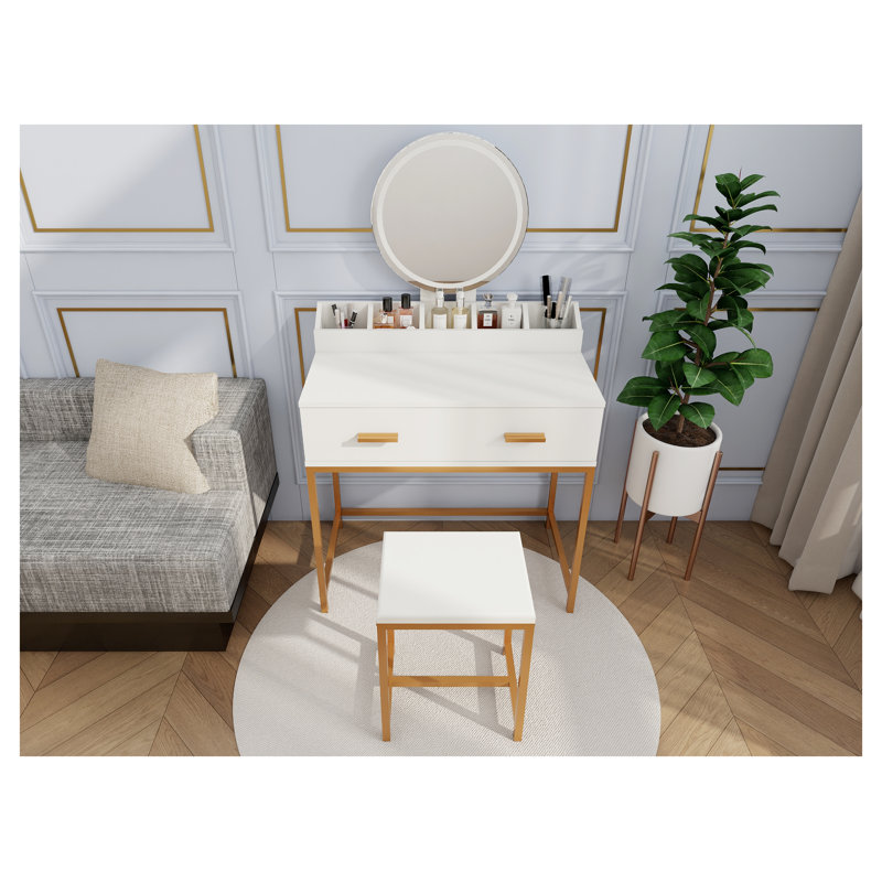 Ensemble de meuble-lavabo moderne avec miroir et tabouret Modern White and Gold - coiffeuse avec tiroirs de rangement et rangement