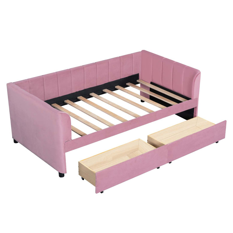 Lit de jour simple rembourré avec dossier ergonomique et 2 tiroirs, rose, Pink