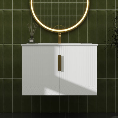 Meuble-lavabo de salle de bain 30 po avec lavabo, armoire de rangement murale cannelée avec 2 portes et une tablette réglable