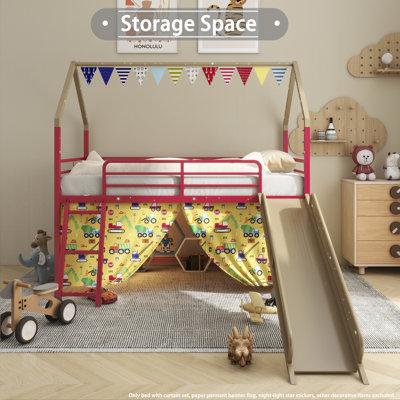Ensemble de lit mezzanine simple en métal avec glissade et rideau Junior Gold