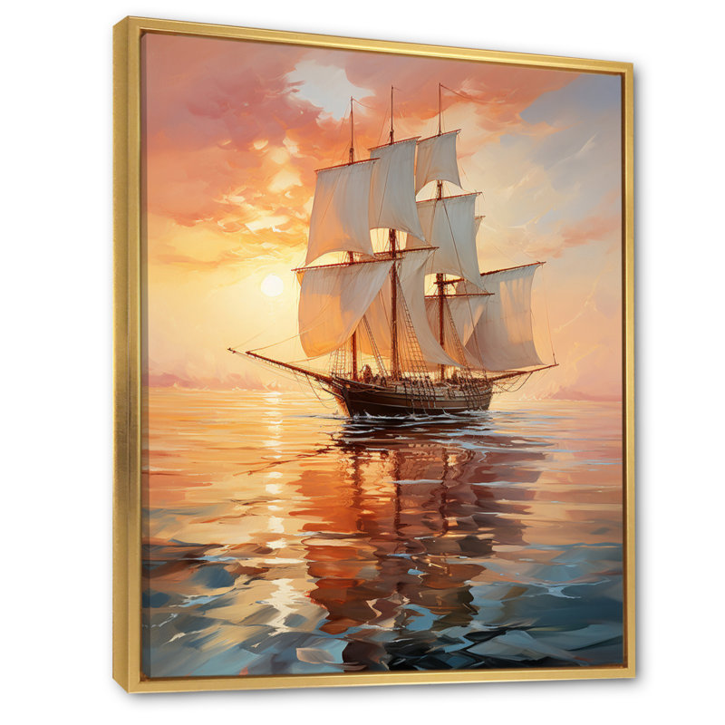 Voilier, eaux éthérées I sur toile, L 16 po x H 32 po, Cadre flottant doré