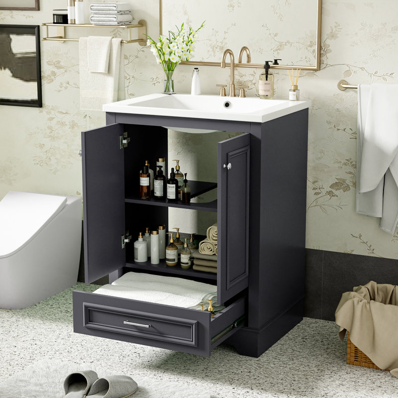 Meuble de rangement moderne pour salle de bain avec lavabo en céramique - Design élégant et meuble-lavabo spacieux avec tiroirs 24 po