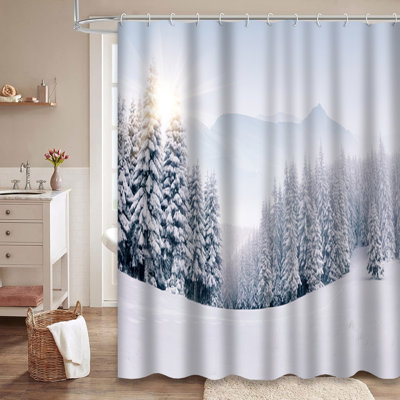 Foggy Winter Mountains Snow Forest White Shower Curtain with 12 Hooks