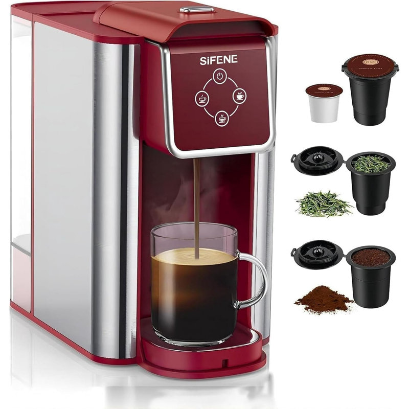 Machine à café Sifene polyvalente 3-en-1 - K-Cup, cafetière moulue et thé avec réservoir 50 oz, Argent/rouge