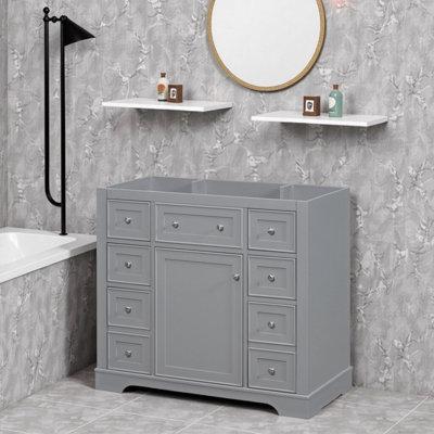 36" Modern Grey Bathroom Vanity Cabinet - Freestanding Solid Wood & MDF Cabinet with 1 Cabinet, 6 Drawers and Adjustable Shelf, Sink Not Included