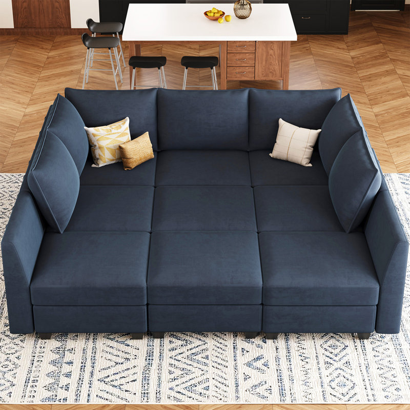 Allinson 87" W 10-Piece Velvet Modular Sectional Sleeper with Storage, Blue Velvet