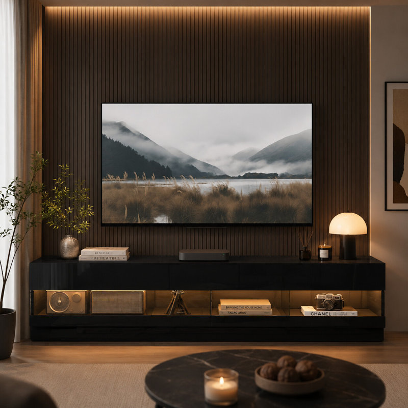 Meuble télé noir ultrabrillant avec éclairage DEL, grande capacité de rangement, convenant aux téléviseurs de 75 pouces et plus.