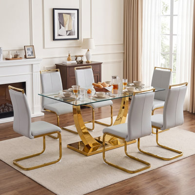 7-Piece Modern Rectangular Tempered Glass Dining Set with Metal Base and Faux Leather Cantilever Chairs