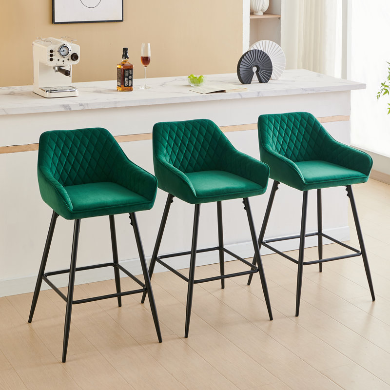 Upholstered Counter Stool with Metal Frame, Green Velvet