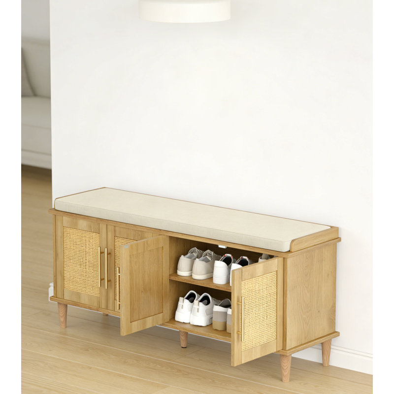 Banc de rangement en rotin naturel avec tablettes réglables