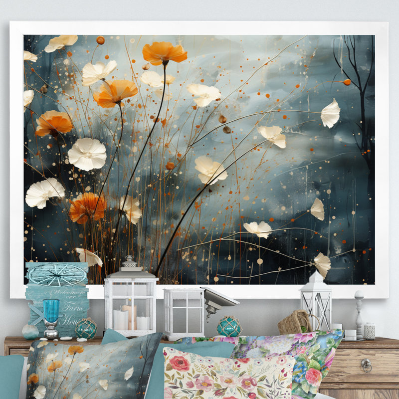 Coral Dandelion Floral Symphony III sur impression sur toile, H 24 po x l 32 po x P 1 po, Cadre photo blanc