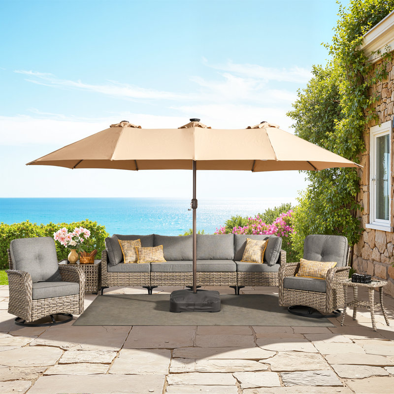 14.5 Ft X 8.5 Ft Rectangular Lighted Market Umbrella With Base, Brun
