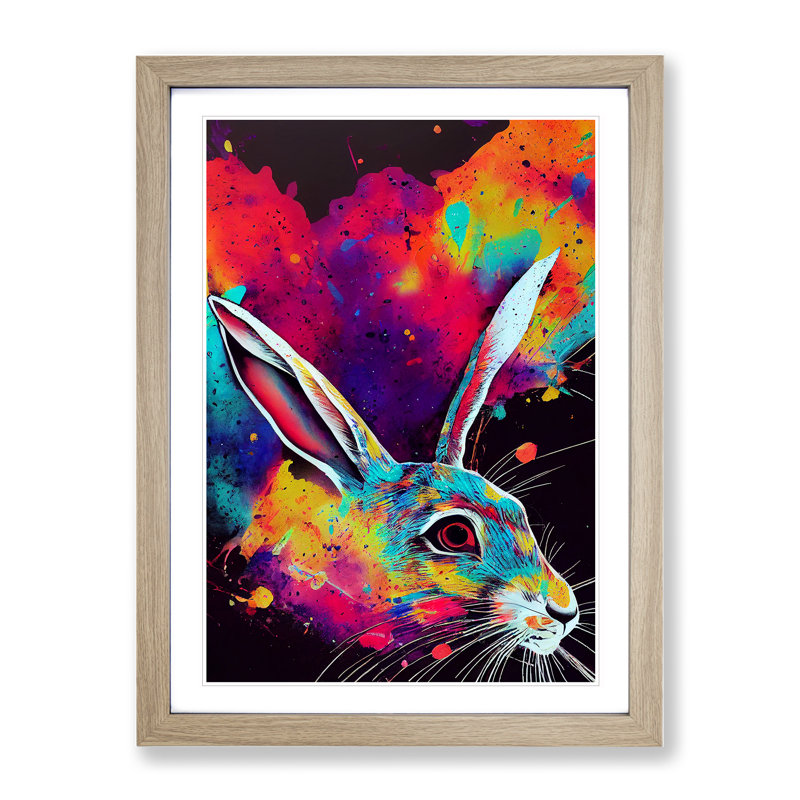 Paint Splashed Hare No.1 - Framed Print, 46cm H x 34cm W x 2cm D, Oak