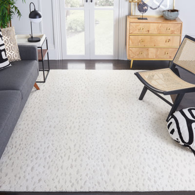 Tapis tibétain en laine / viscose / coton à motif animal noué à la main ivoire / beige