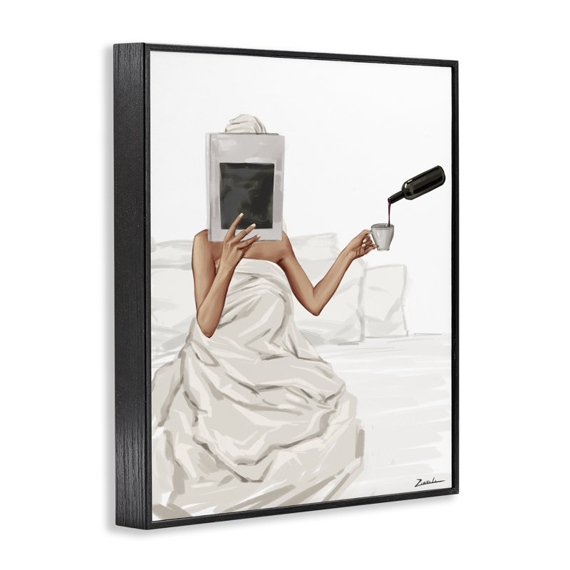 Cozy in Bed with Drink, estampe numérique, design par Ziwei Li, Giclée encadrée noir minuit, H 20 po x l 16 po