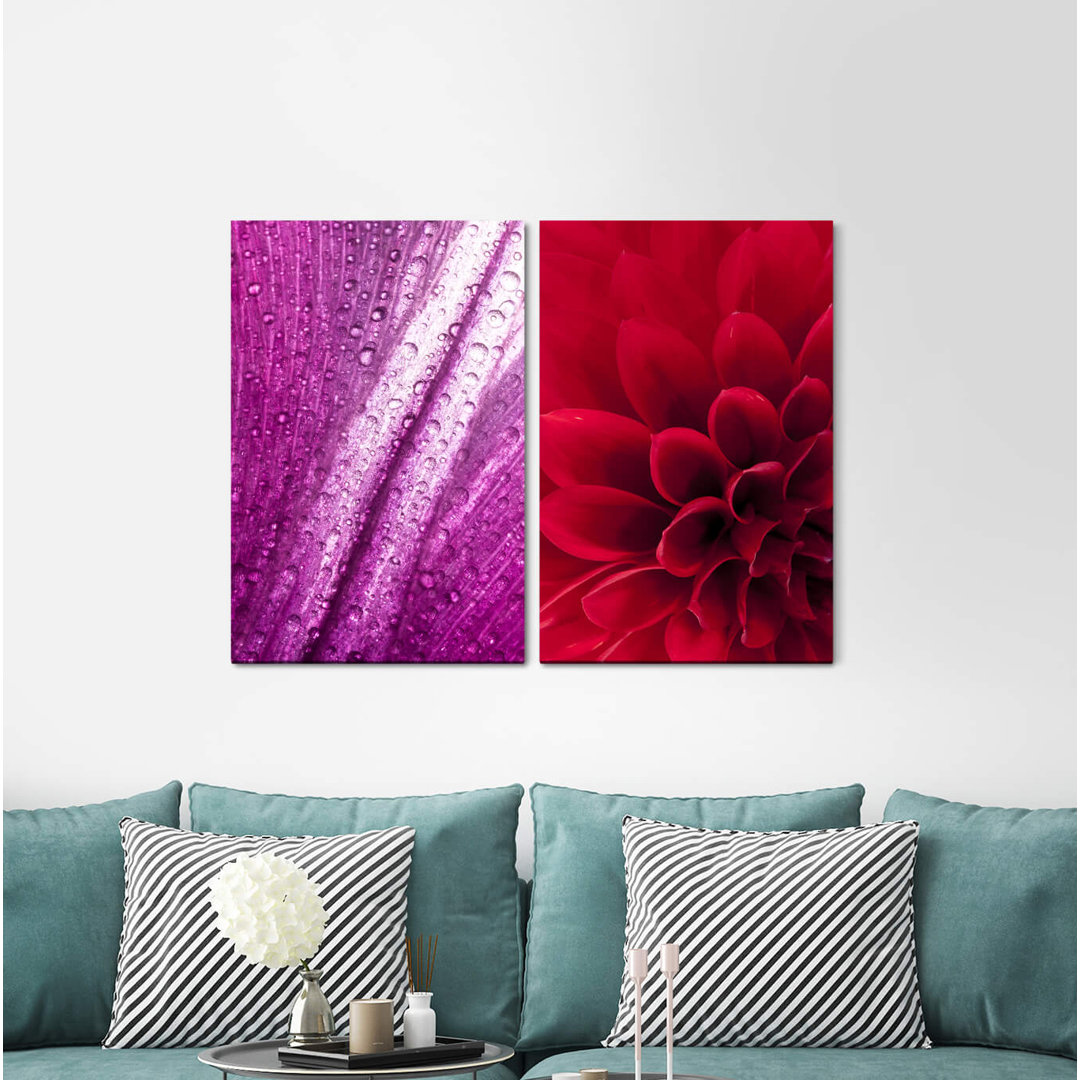 2-tlg. Leinwandbilder-Set - Fotografie „Dahlia Drops Red Flower Summer Water Drops”