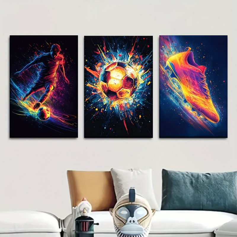 Impression sur toile 3 pièces Neon Soccer Element, 12 x 8 pouces 3 pièces
