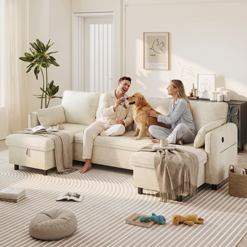 Canapé-lit inclinable en U en chenille de 110 po Acker, Chenille beige
