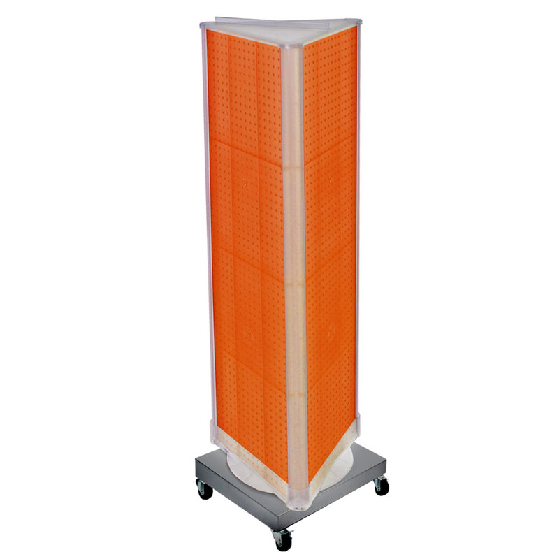 Présentoir de plancher pivotant à trois côtés sur base en métal à roulettes. Support à roulettes. Taille du panneau: l 16 po x H 60 po