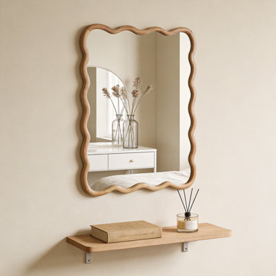 Natural Wood Wavy Rectangle Solid Wood Frame Decorative Mirror for Home Decor - 30x40 Inches Wall Mirror for Bedroom, Bathroom, Living Room and Entryway with Tempered Glass and Easy Installation