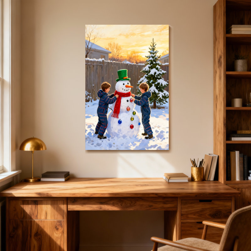 Noël des enfants construisant un bonhomme de neige avec des décorations de Noël, H 24 po x l 16 po