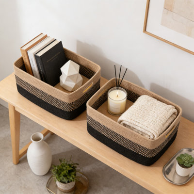Grand ensemble de 2 paniers de rangement tissés, bac de rangement en corde de coton naturel pour tablettes, placard, chambre de bébé, salon pour vêtements, jouets, couvertures et rangement