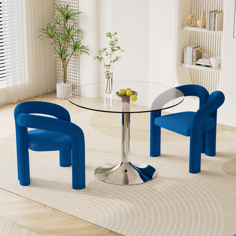 3 Piece Glass Dining Set with Barrel Accent Chairs, Blue