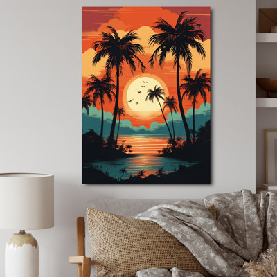 " Sun Setting Over Palm Trees Retro Illustration "